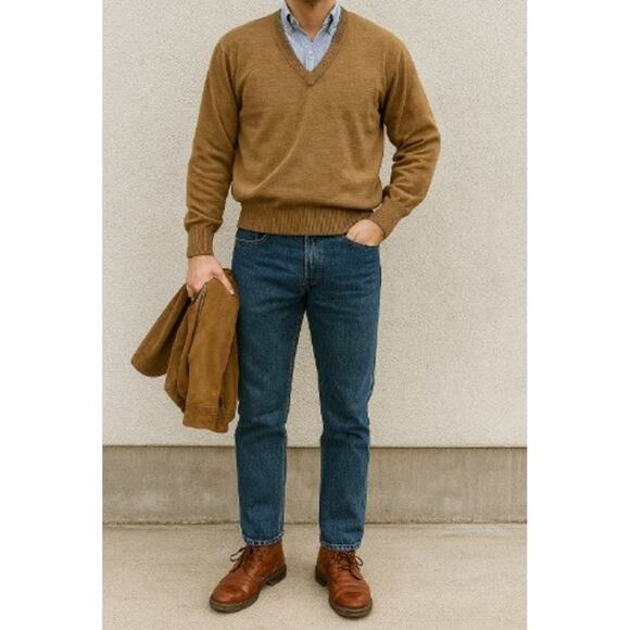 Vintage 80s Lord Jeff Men’s Medium Brown V-Neck Sweater Orlon Wool USA - Picture 1 of 7